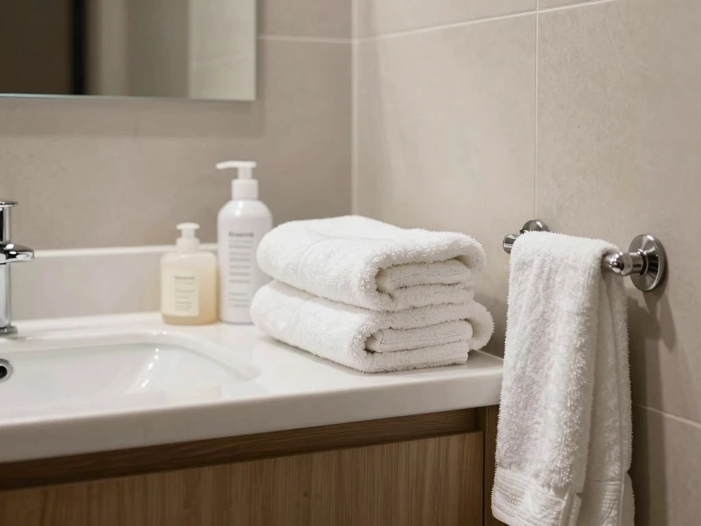 Lys baderomsscene med håndkle og rolig stemning